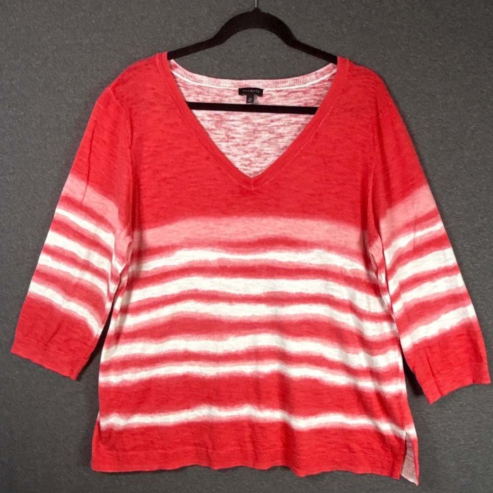 Talbots Sweater Womens XL Coral Pink White Striped Cotton Linen V-Neck 3/4 Slv